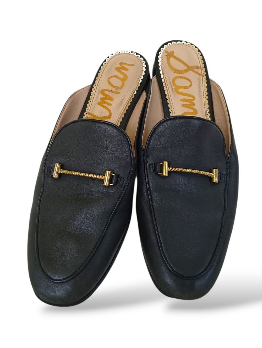 Sam Edelman Black Leather Slide On Backless Loafers Gold Buckle Classic Preppy